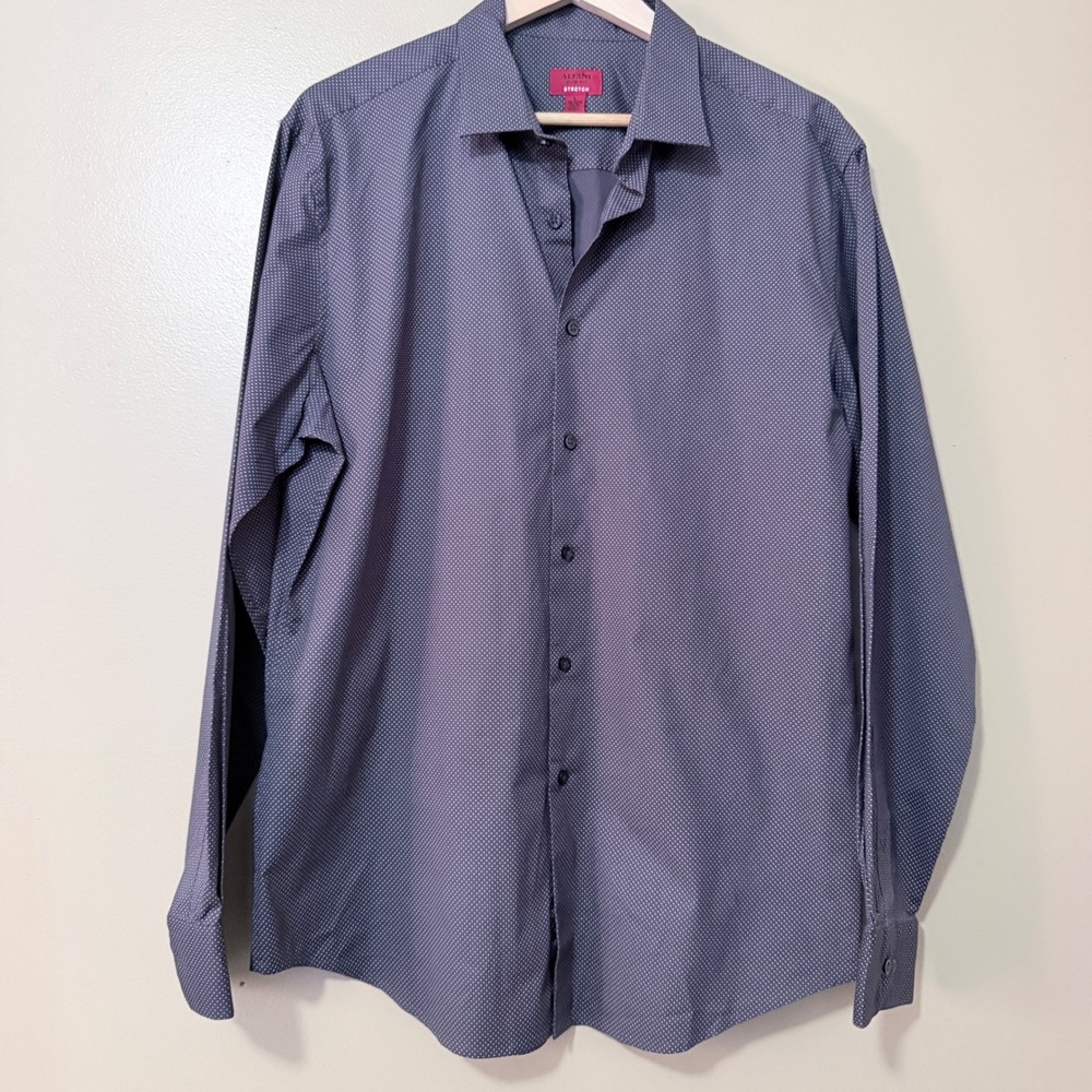 Alfani Mens Shirt Large Blue Gray Cotton Polka Dot Stretch Workwear Button-Up